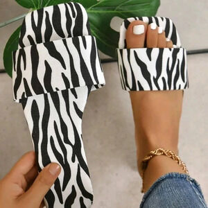 Women Zebra Striped Pattern Flat Sandals, Elegant Fabric Slide Sandals